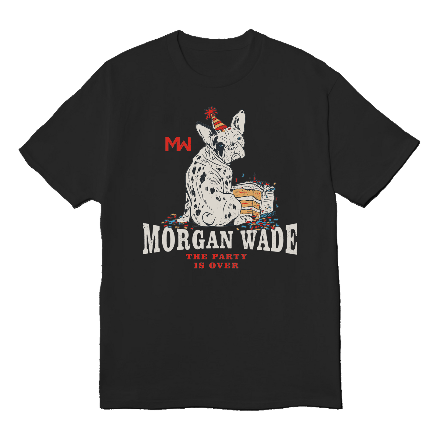Official Morgan Wade Merchandise. Black 100% cotton unisex t-shirt with a retail fit featuring an illustration of Morgan's dog Chop and the album title The Party is Over.