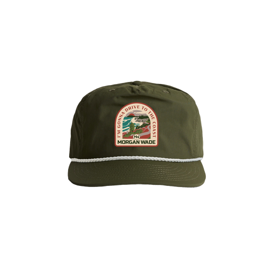 Official Morgan Wade Merchandise. Olive green nylon 5-Panel Snapback with rope detail and an embroidered patch.