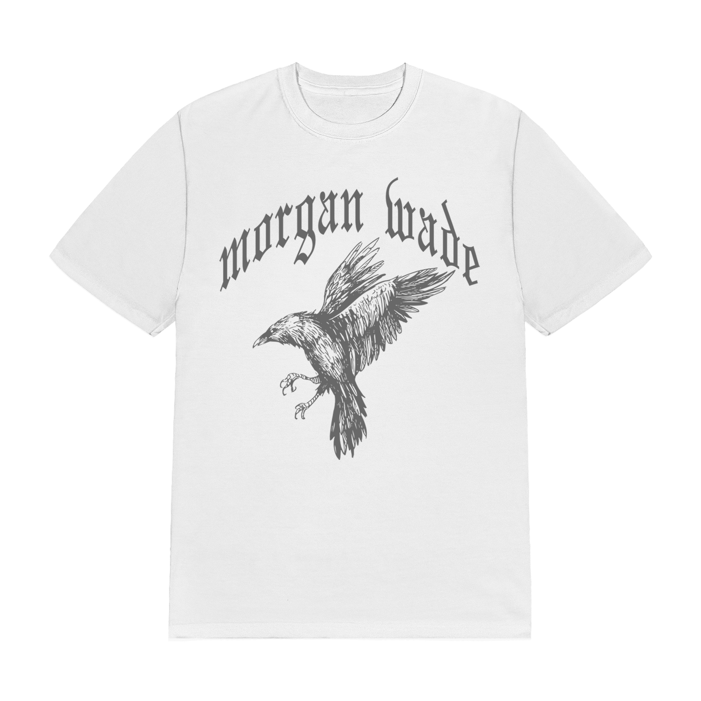Official Morgan Wade Merchandise. 100% Ring-spun cotton t-shirt with an oversized, boxy fit featuring a single color raven print and a gothic calligraphy Morgan Wade logo.