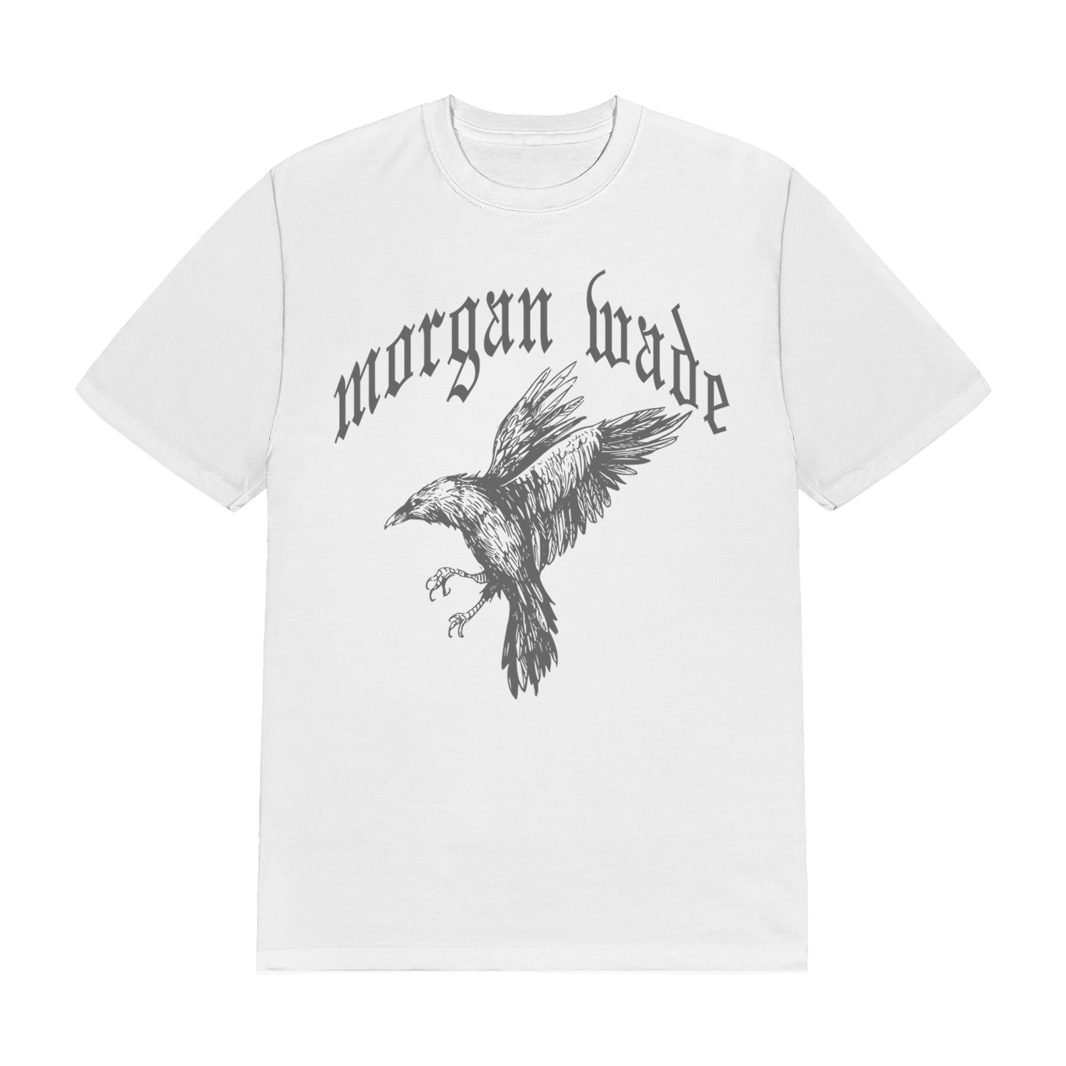 Official Morgan Wade Merchandise. 100% Ring-spun cotton t-shirt with an oversized, boxy fit featuring a single color raven print and a gothic calligraphy Morgan Wade logo.