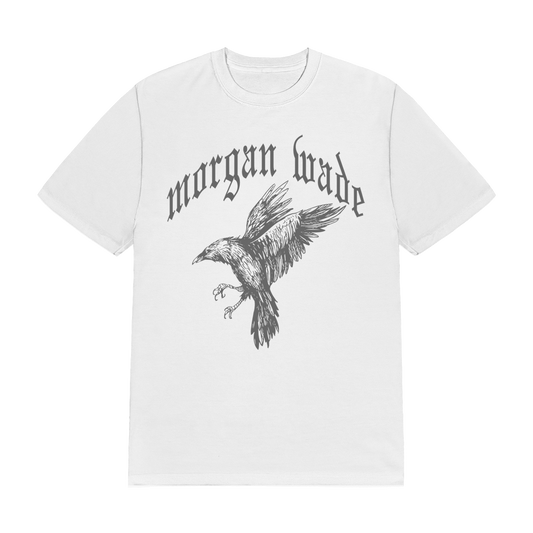 Official Morgan Wade Merchandise. 100% Ring-spun cotton t-shirt with an oversized, boxy fit featuring a single color raven print and a gothic calligraphy Morgan Wade logo.