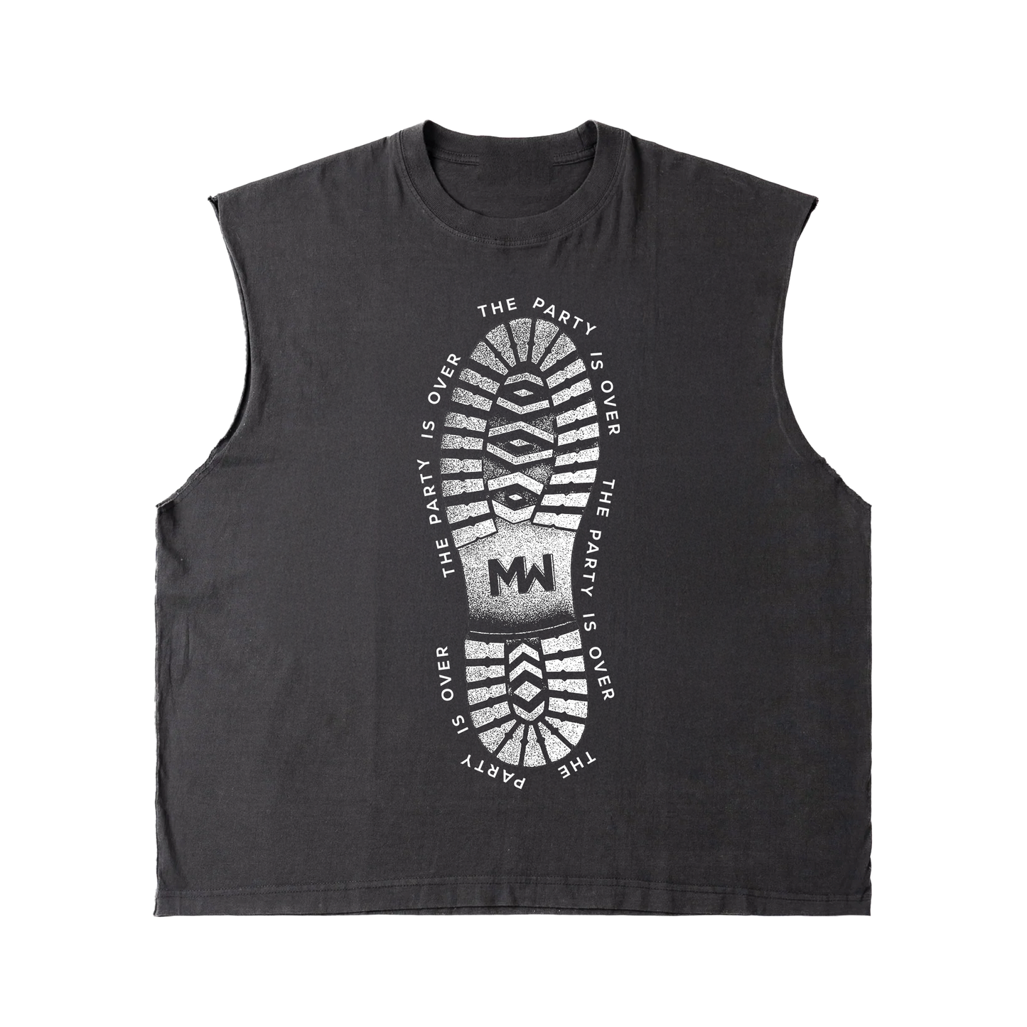 Official Morgan Wade Merchandise. Vintage black 100% cotton garment dyed muscle t-shirt with a boxy fit featuring a combat boot print with the album name The Party is Over.