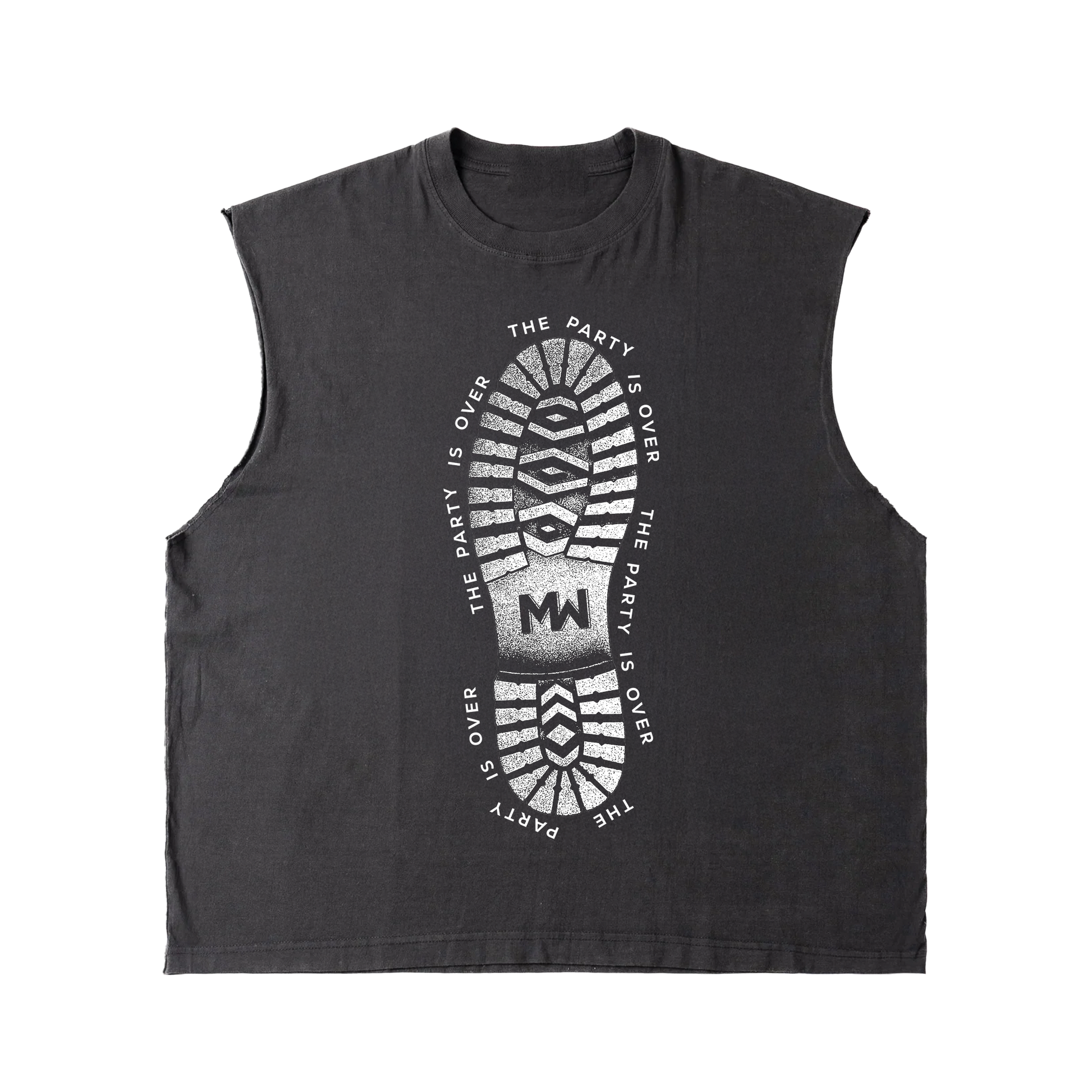 Official Morgan Wade Merchandise. Vintage black 100% cotton garment dyed muscle t-shirt with a boxy fit featuring a combat boot print with the album name The Party is Over.